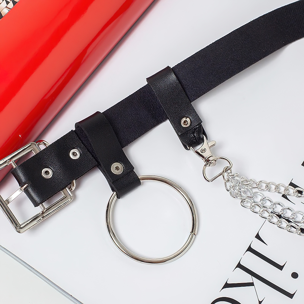 Gothic women's faux leather belt with metal chains, rings, and unique punk style accent for alternative fashion.