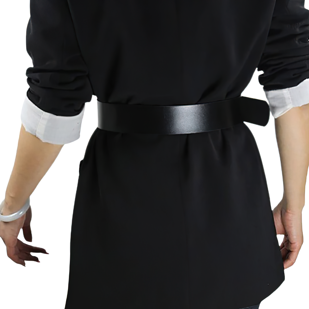 Gothic women's faux leather belt with metal chains, showcasing punk style waist strap from the back.