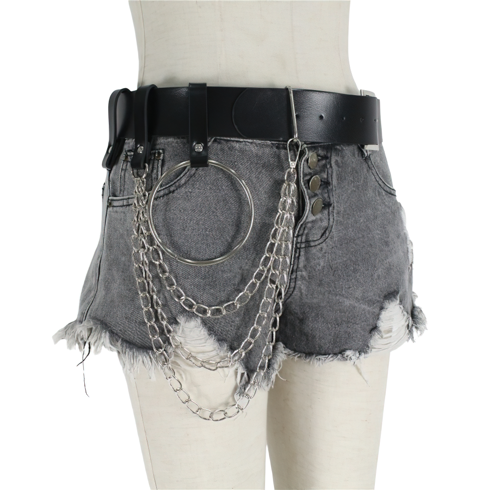 Gothic women's faux leather belt with metal chains, perfect for punk style outfits and rock concerts.