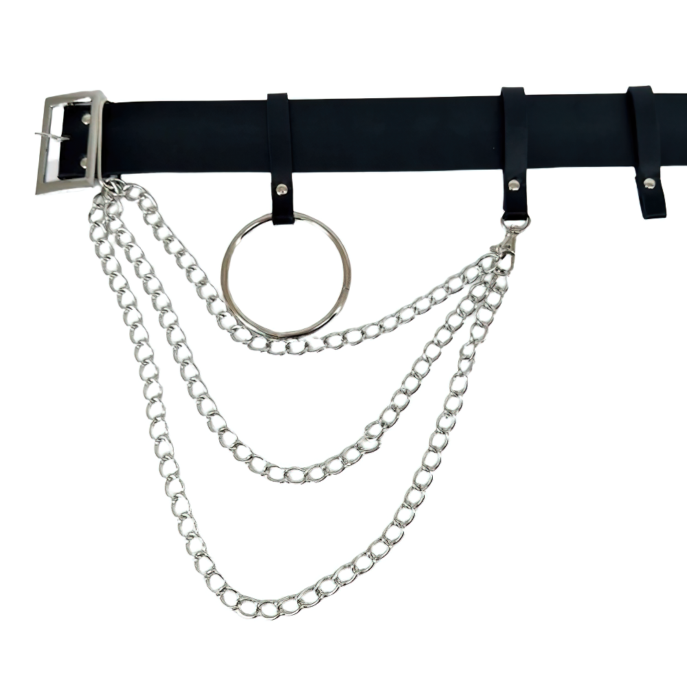 Gothic women's faux leather belt with metal chains and rings, perfect for punk style outfits and concerts.