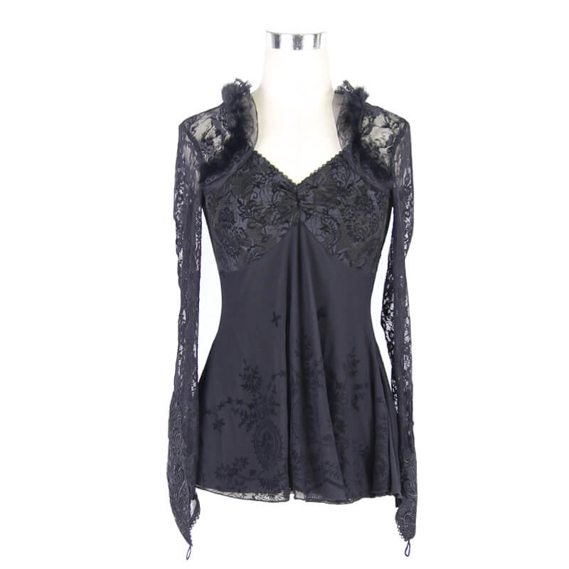 Gothic Women's Flowing Lace Sleeve Top / Sexy Black Slim-Fitting Tops for Lady - HARD'N'HEAVY