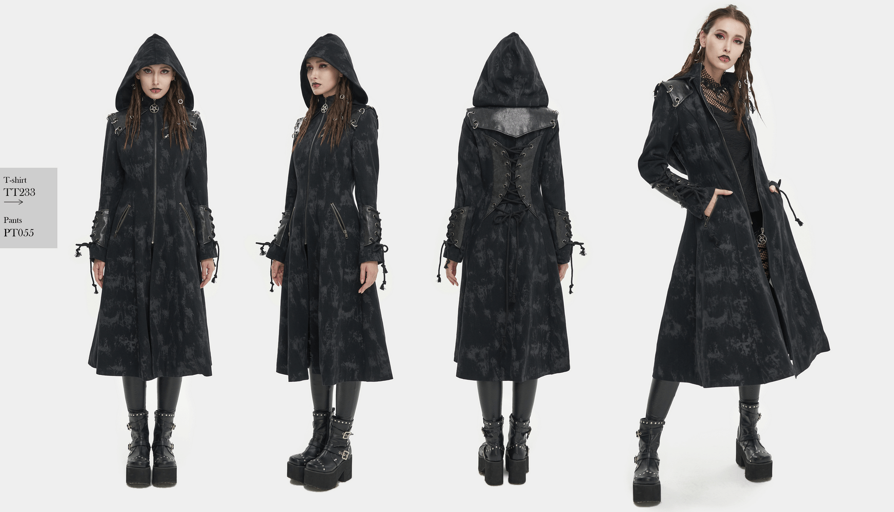 Gothic women's hooded coat in dark style, showcasing modern sophistication and edgy flair.