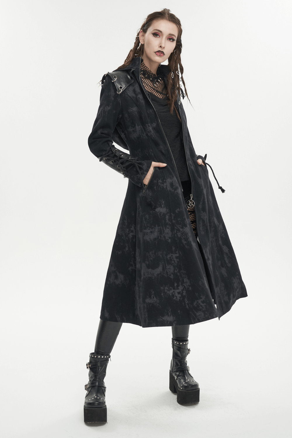 Gothic women's hooded coat in black, showcasing a dark edgy style perfect for fashion-forward women.