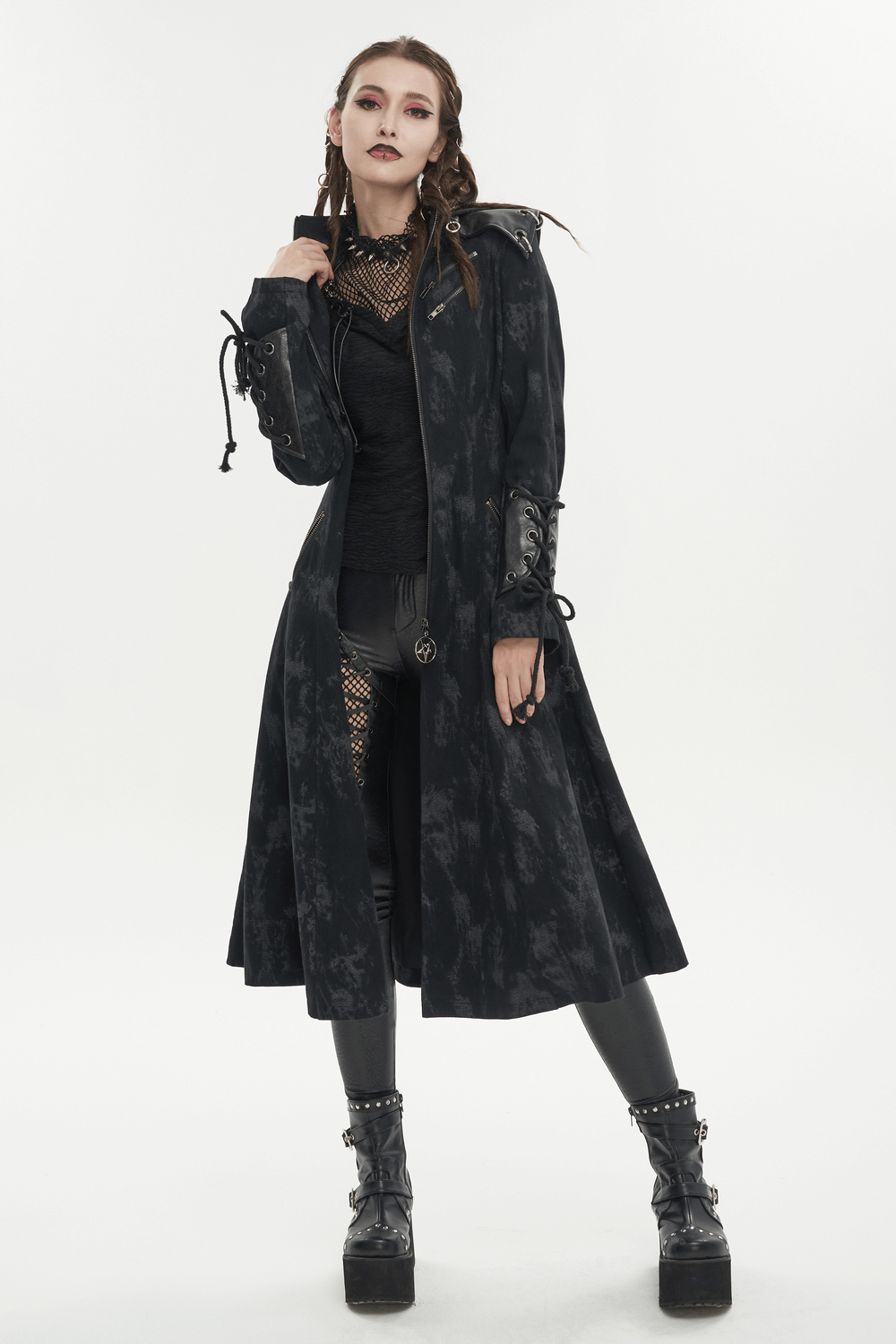 Gothic women's hooded coat in black, showcasing dark and edgy style for a fashion-forward look.