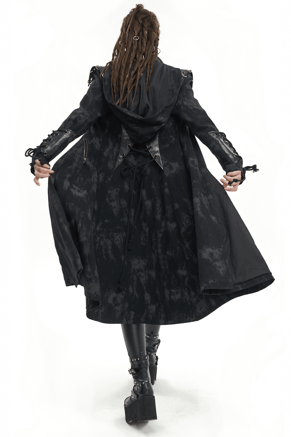Back view of a gothic women's hooded coat showcasing a dark, edgy style perfect for fashion-forward women.