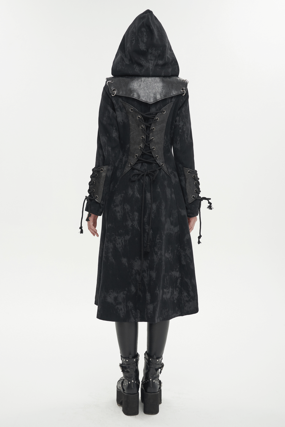 Back view of a gothic women's hooded coat featuring lace-up details and a dark edgy style for fashionable women.