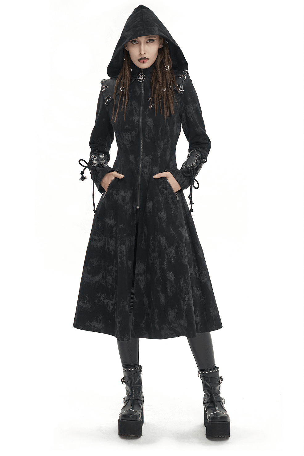 Gothic women's hooded coat in black, perfect for edgy fashion lovers, featuring a stylish design and modern touch.