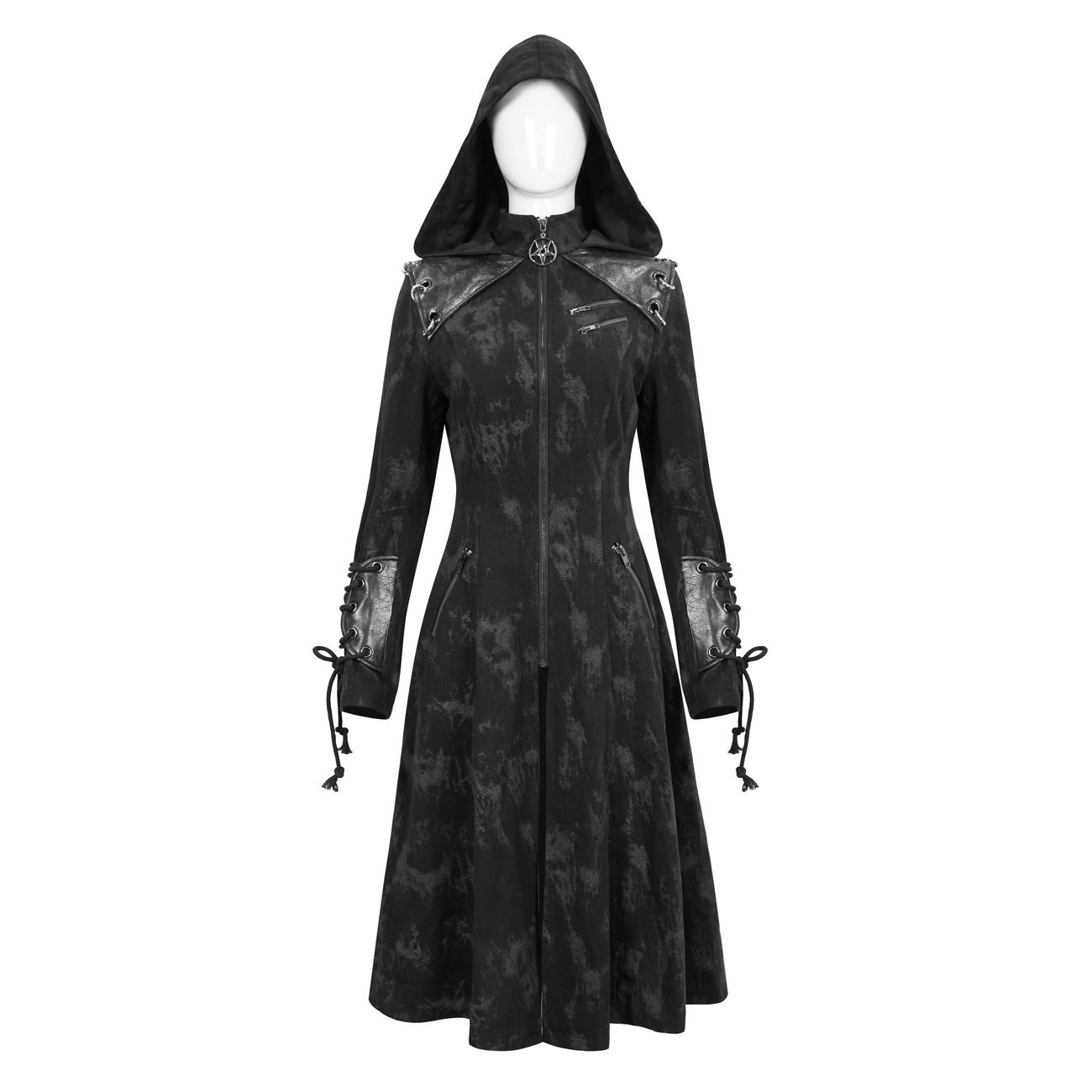Gothic women's hooded coat in black with edgy design and stylish details, perfect for fashion-forward individuals.