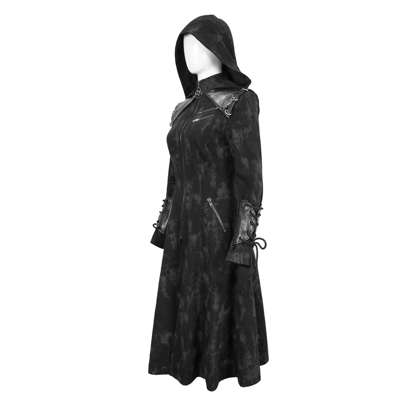Gothic women's hooded coat showcasing dark, edgy style with unique details for fashion-forward individuals.