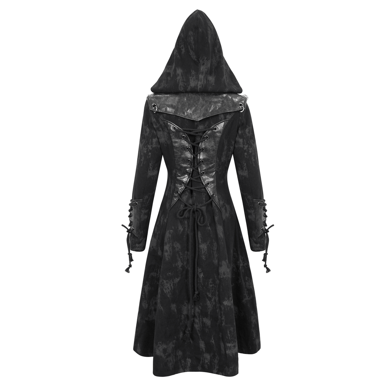 Gothic women's hooded coat with lace-up back and elegant flare, perfect for a dark and edgy fashion statement.