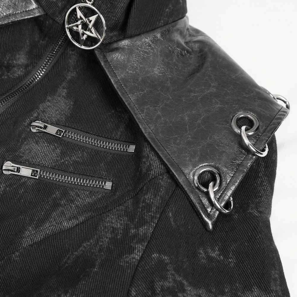 Close-up of gothic women's hooded coat featuring zippers and edgy details, perfect for a dark fashion style.