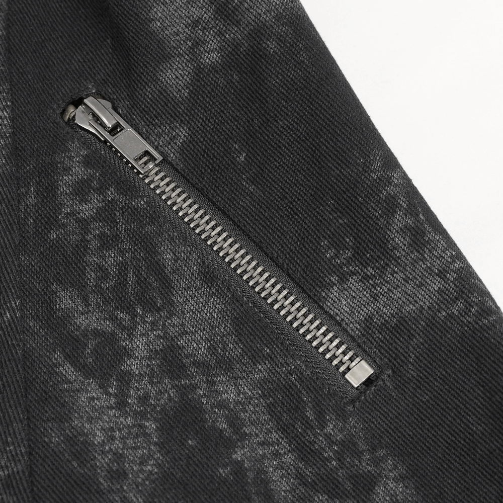 Close-up of a gothic women's hooded coat zipper, showcasing dark, edgy fabric and stylish design details.