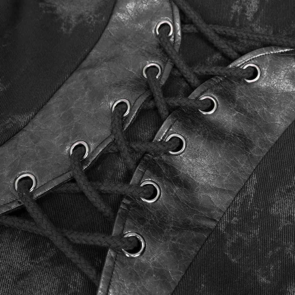 Close-up of gothic women's coat lace-up detail showcasing dark and edgy style, perfect for fashion-forward women.