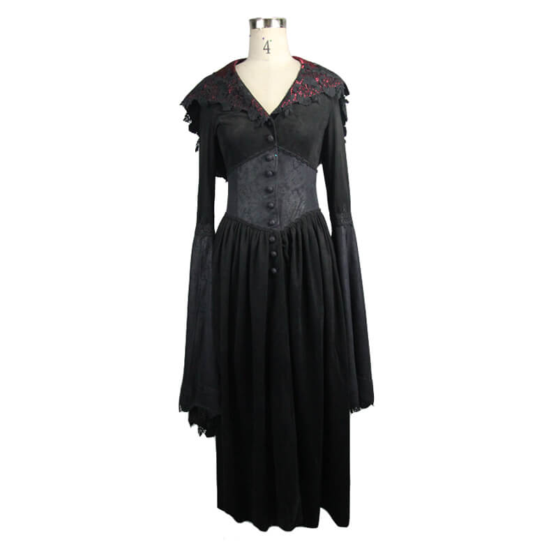 Gothic Women's Long Batwing Sleeve Coat / Elegant Black Red Coat with Lace and Hooded - HARD'N'HEAVY