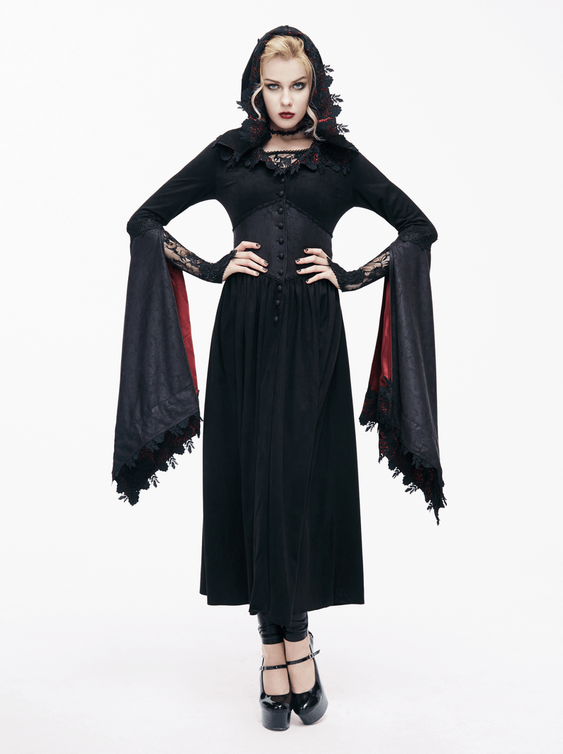 Gothic Women's Long Batwing Sleeve Coat / Elegant Black Red Coat with Lace and Hooded - HARD'N'HEAVY