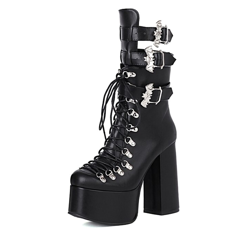 Gothic women's high heel patent leather short boots with bat buckle and laces for a chic and edgy look.