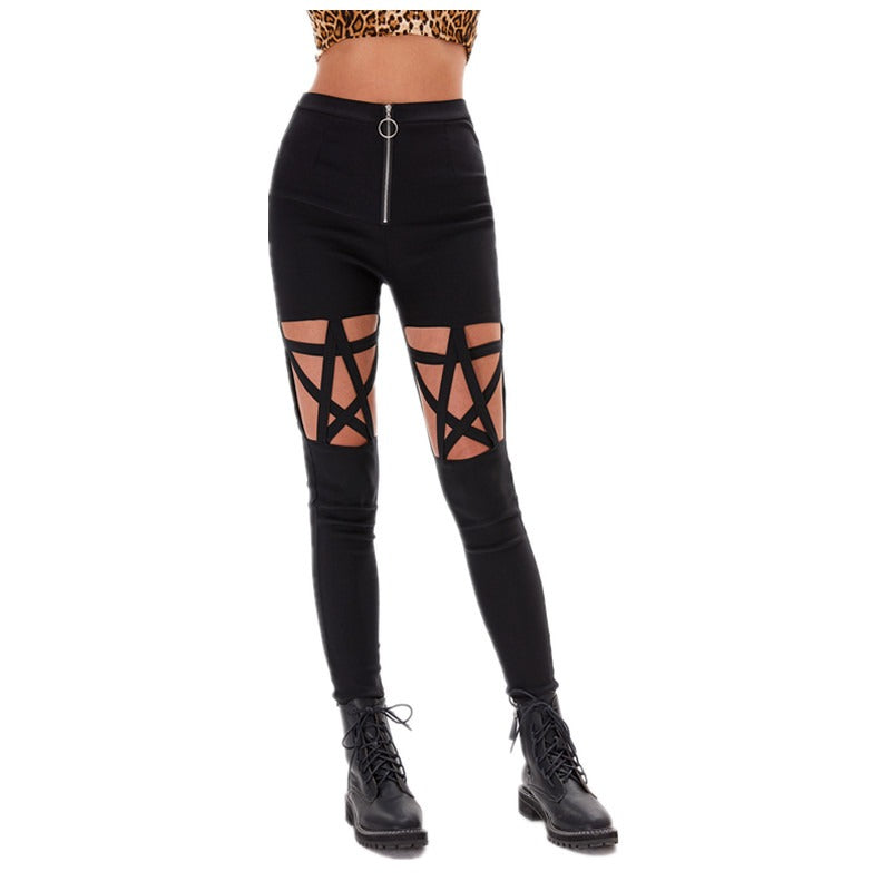 Gothic women's pencil pants with pentagram inserts and high waist for a stylish rock look.
