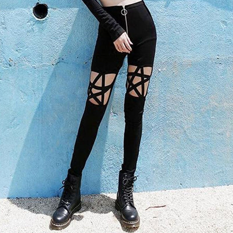 Gothic women's pencil leggings with pentagram inserts, high waist, stylish and edgy black design.