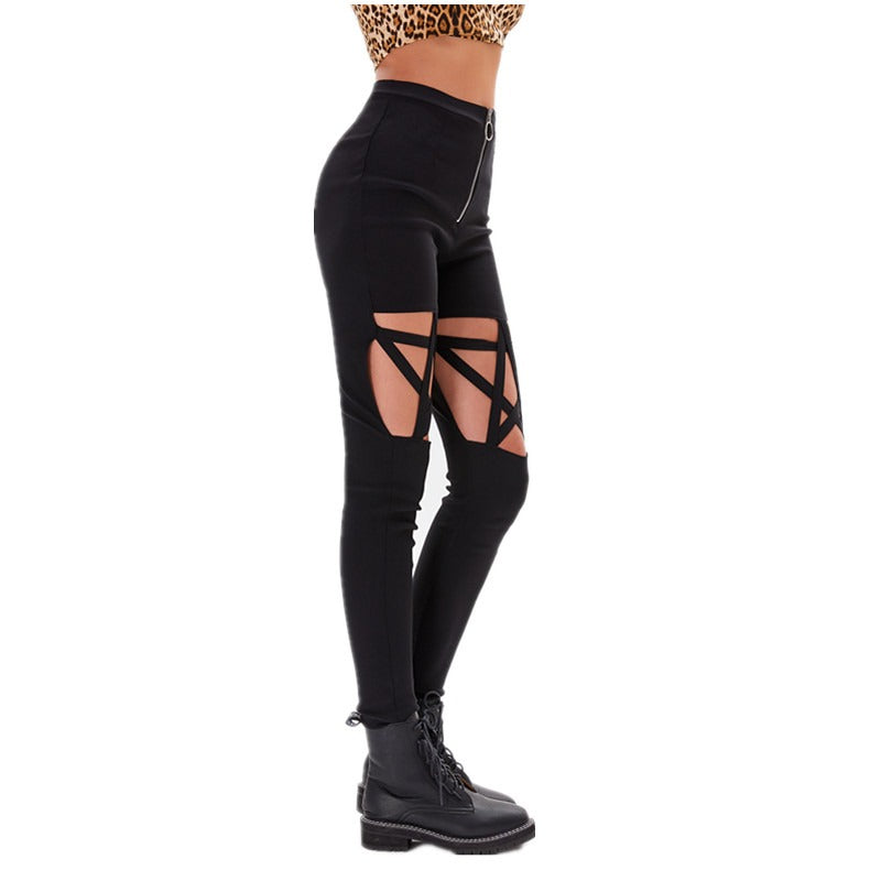 Gothic Women's high waist pencil pants with pentagram cutouts and stylish design, perfect for rock and goth outfits.