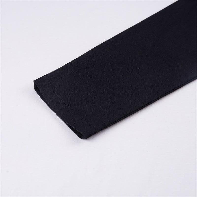 Close-up of Gothic Women's high-waist pencil pants showing smooth, stretchy fabric for a stylish rock or goth outfit.