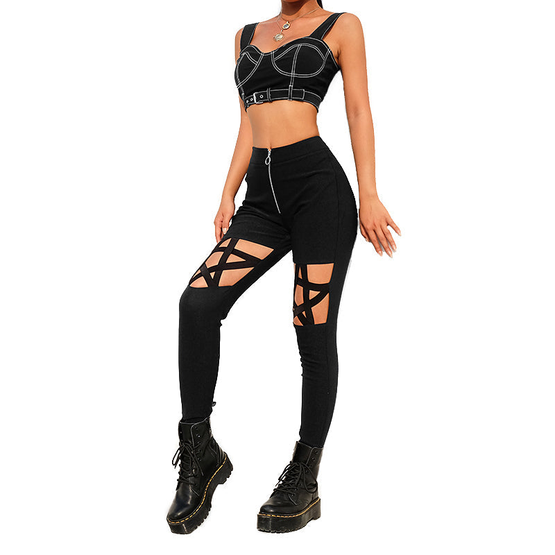Gothic women's pencil pants with pentagram inserts and cut-outs, perfect for a rock or goth outfit style.