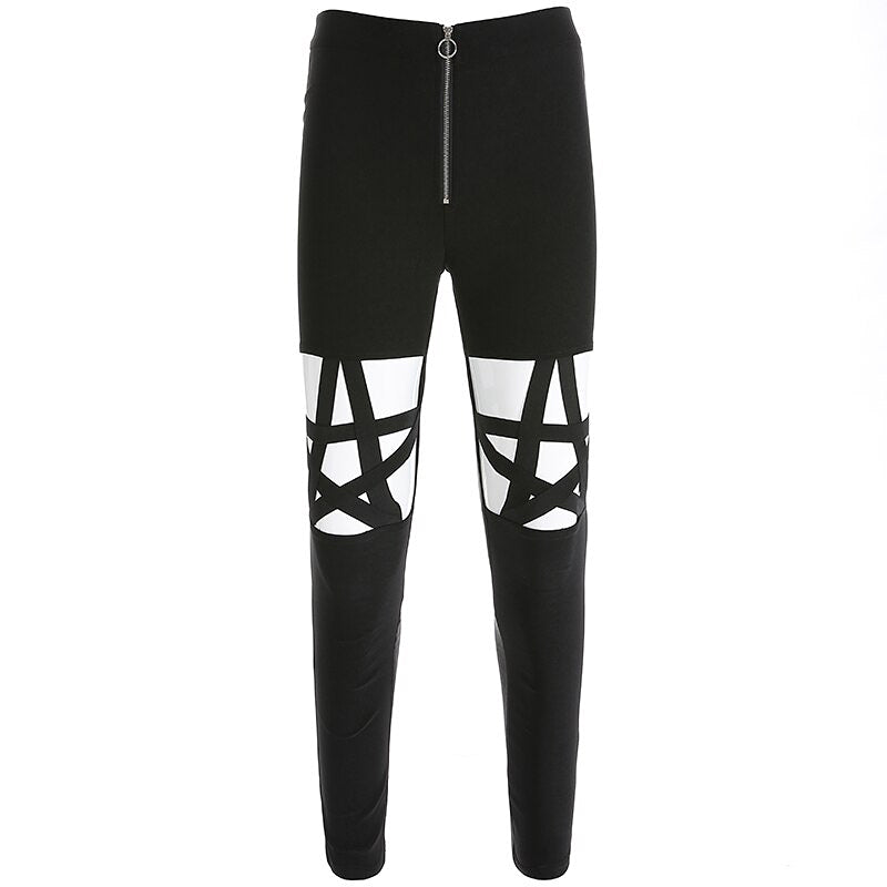 Gothic women's pencil pants with pentagram inserts and hollow holes, perfect for rock or goth outfits.