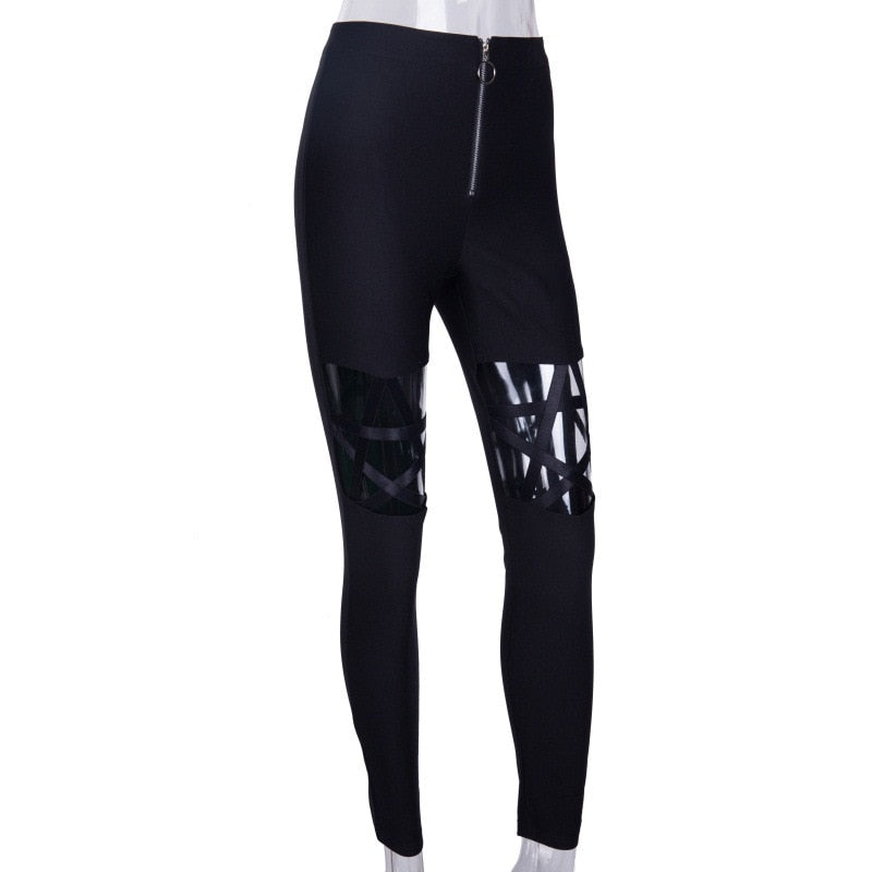 Gothic women's high waist pencil leggings with pentagram inserts and hollow hole design, perfect for edgy outfits.