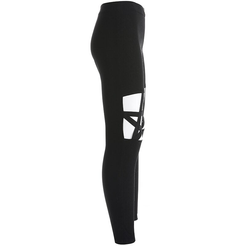 Gothic women's pencil leggings featuring hollow hole pentagram design, stretchy and stylish for rock or goth outfits.