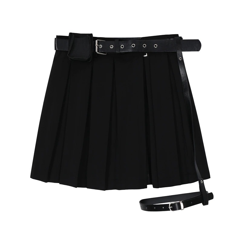 Gothic women's black pleated mini skirt with belt, perfect for stylish, edgy outfits and enhancing your figure.