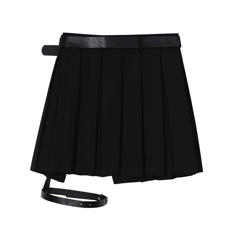Gothic Women's Pleated Mini Skirts / Sexy Black High Waist Skirts with Belt - HARD'N'HEAVY