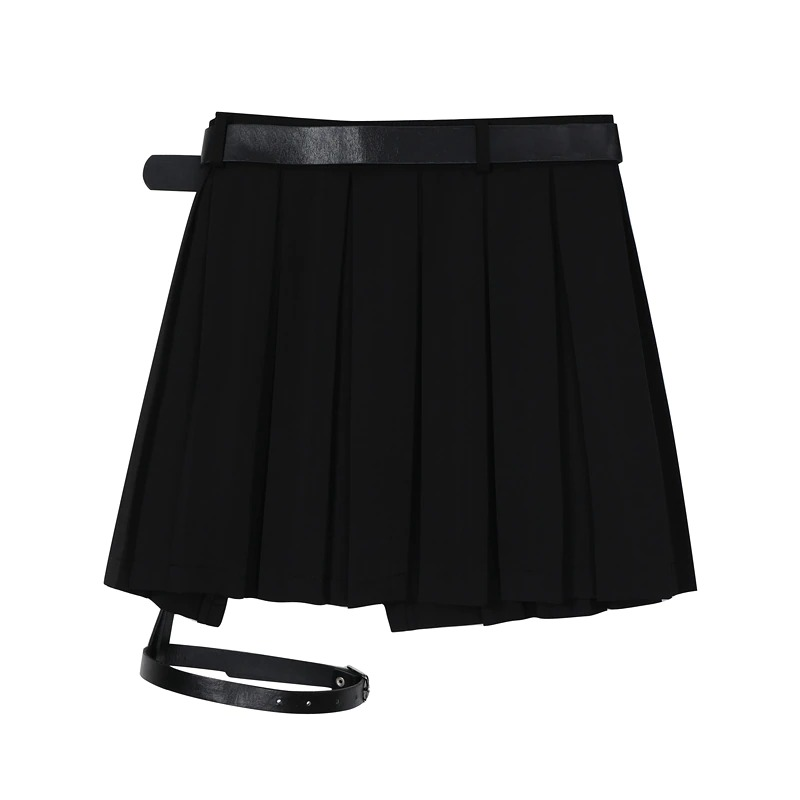 Gothic women's black pleated mini skirt with belt, perfect for stylish gothic outfits.