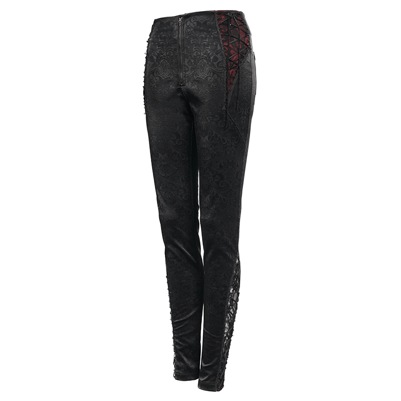 Gothic Women's PU Leather Metal Zipper Pants / High Waisted Trousers With Red Lace & String - HARD'N'HEAVY