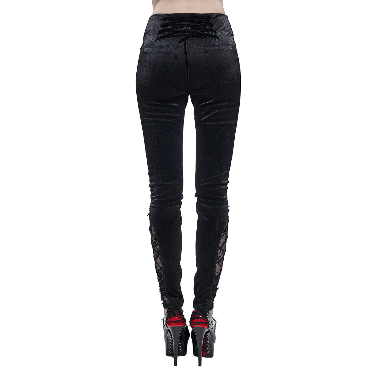 Gothic Women's PU Leather Metal Zipper Pants / High Waisted Trousers With Red Lace & String - HARD'N'HEAVY