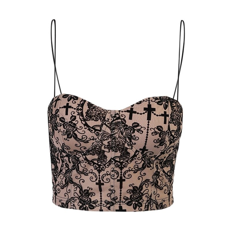 Gothic women's backless top with floral print and cross designs, perfect for an elegant aesthetic look.