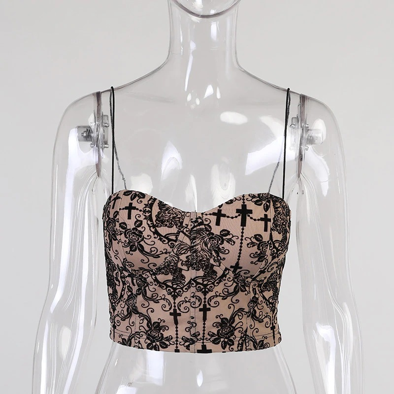 Backless gothic women's top with floral print and deep neckline, perfect for a vintage elegant aesthetic.
