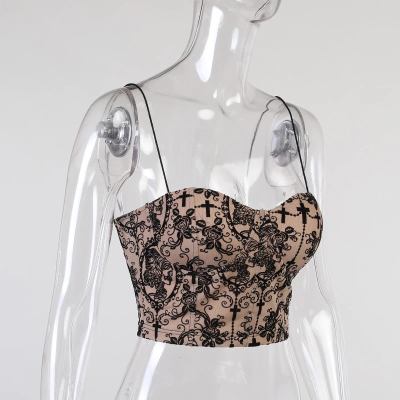 Gothic women's sexy backless top with floral print and cross design, perfect for an elegant, edgy style.