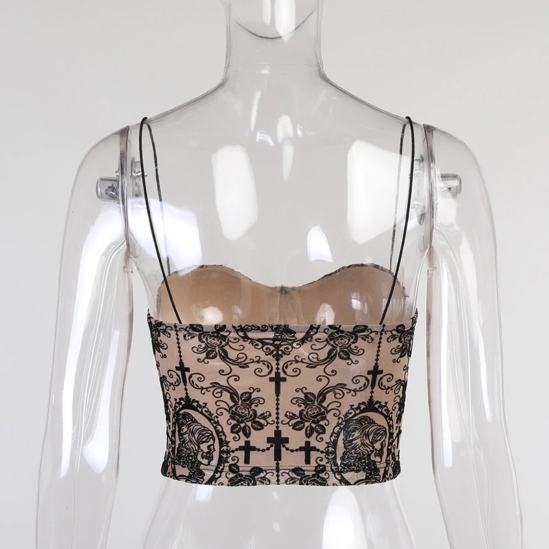 Backless gothic women's top with delicate floral print and spaghetti straps for an elegant, sexy look.