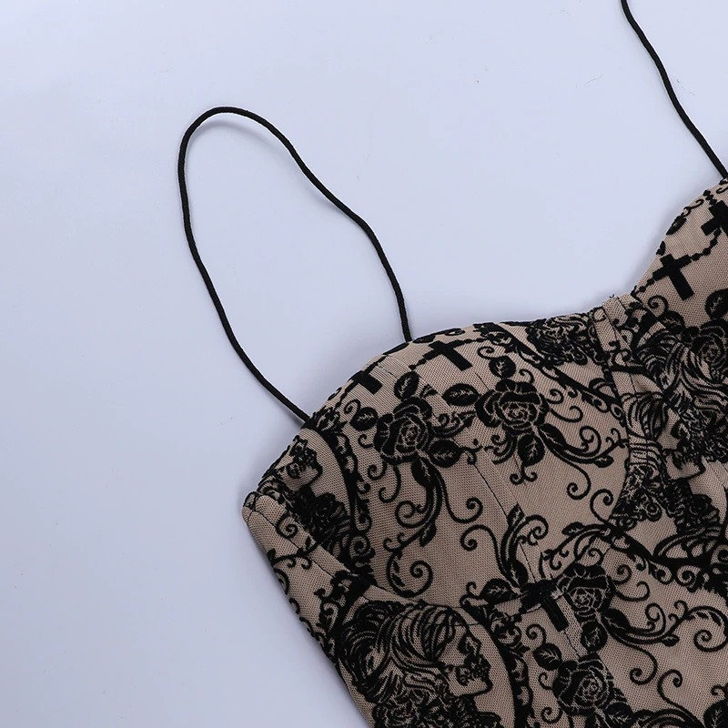 Gothic women's sexy backless top with floral print and thin straps, perfect for a vintage elegant aesthetic.