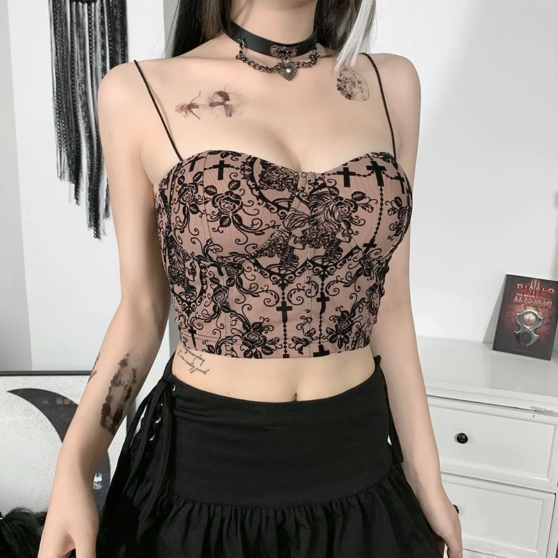 Gothic sexy women's top with floral print, backless design, and deep neckline, perfect for a vintage aesthetic.