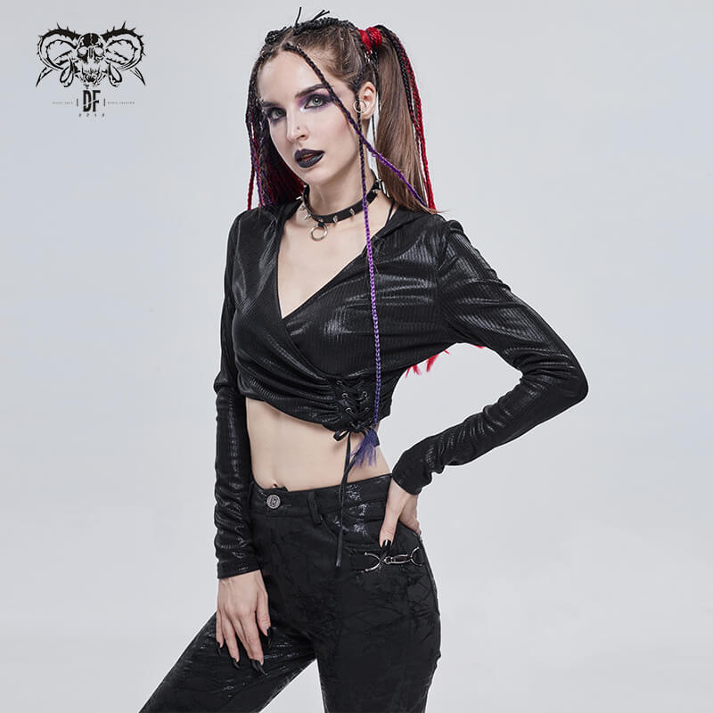 Gothic Women's Short Top With Drawstring And Hood / Wonderful Ladies V-neck Long Sleeves Crop Top - HARD'N'HEAVY