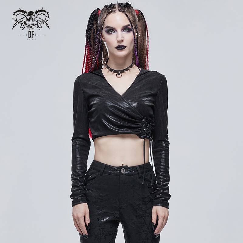 Gothic Women's Short Top With Drawstring And Hood / Wonderful Ladies V-neck Long Sleeves Crop Top - HARD'N'HEAVY