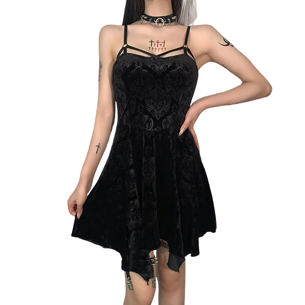 Gothic Women's Spaghetti Straps Dress With Floral Pattern / Elegant High Waist Velour Mini Dresses - HARD'N'HEAVY
