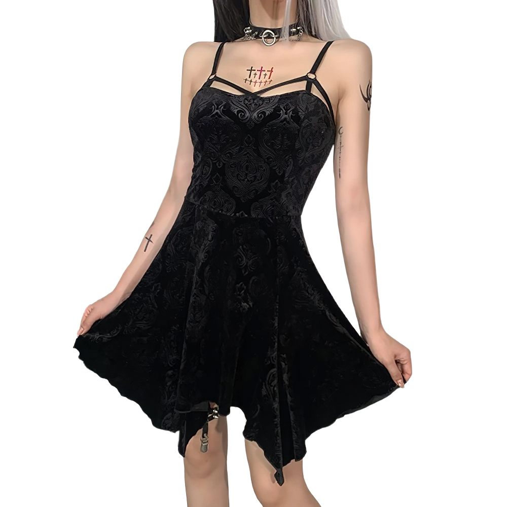 Gothic Women's Spaghetti Straps Dress With Floral Pattern / Elegant High Waist Velour Mini Dresses - HARD'N'HEAVY