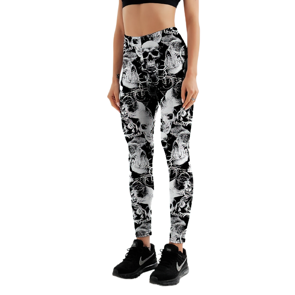 Gothic Women's Stretchy Leggings with Skull Printed / Casual Black Gradient Pencil Skinny Trousers - HARD'N'HEAVY