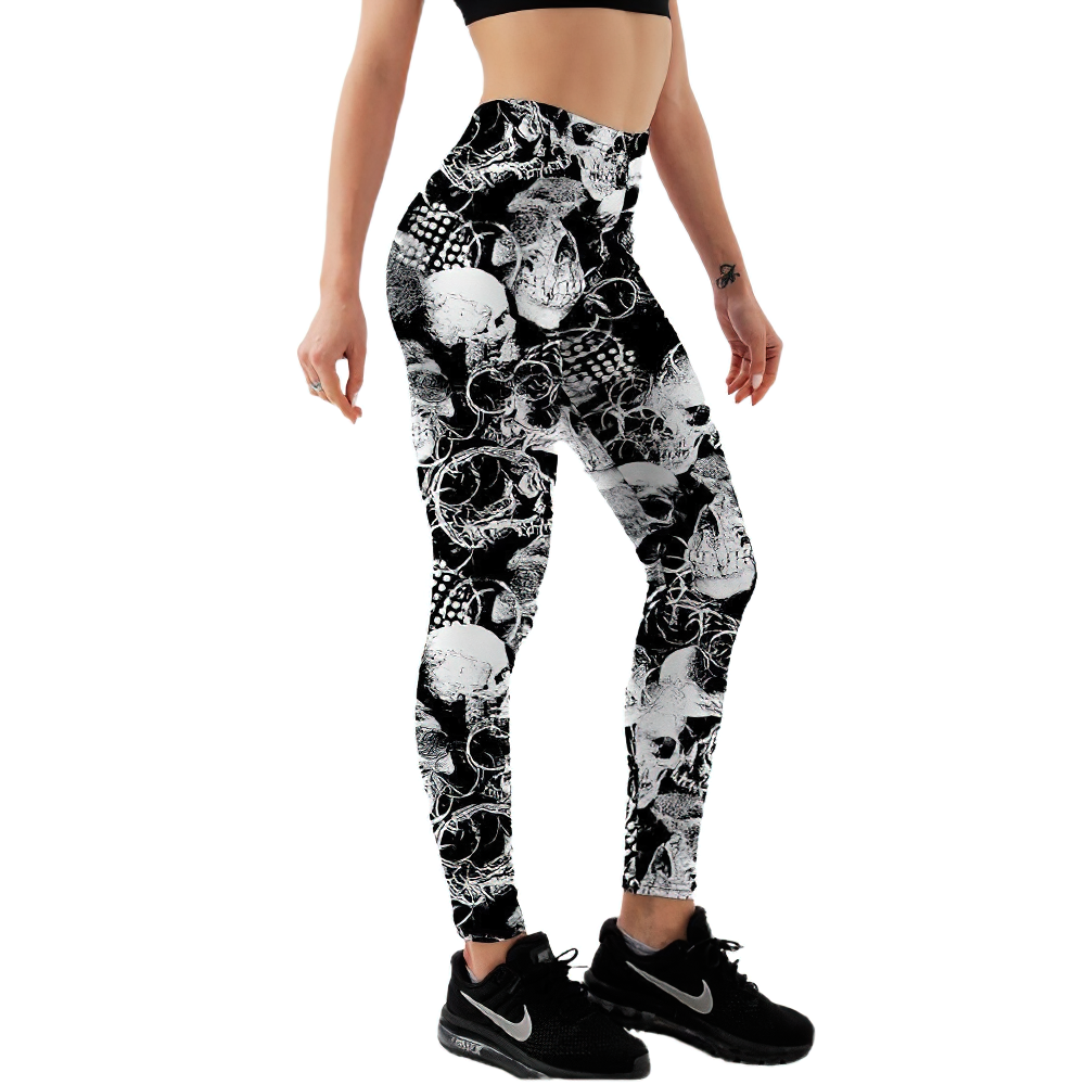Gothic Women's Stretchy Leggings with Skull Printed / Casual Black Gradient Pencil Skinny Trousers - HARD'N'HEAVY