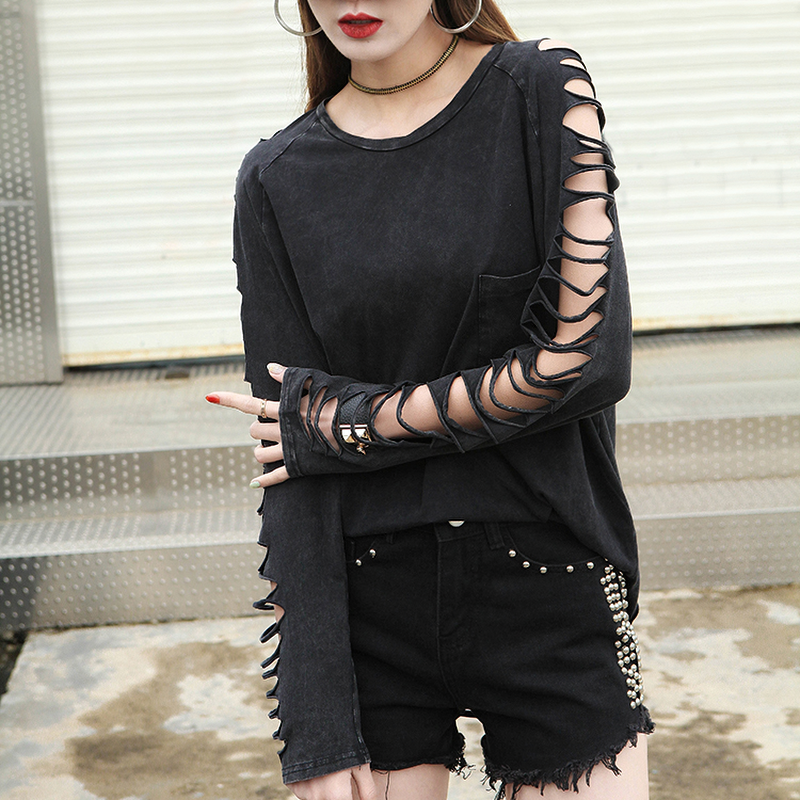 Gothic women's long sleeve black t-shirt with creative torn sleeves for a trendy look.