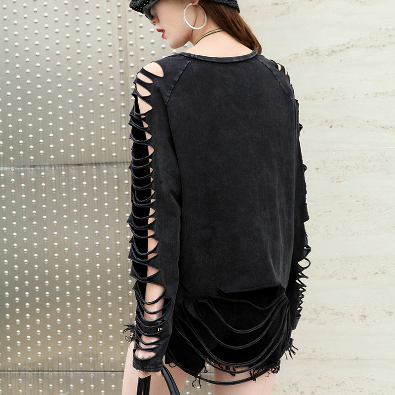 Gothic black long sleeve women's t-shirt with creative torn sleeves, perfect for a stylish and comfortable look.