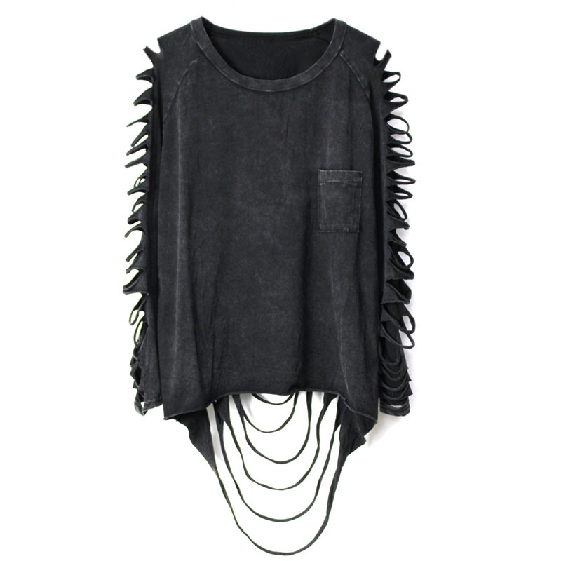 Gothic women's long sleeve black t-shirt with unique torn sleeve design and loose fit.