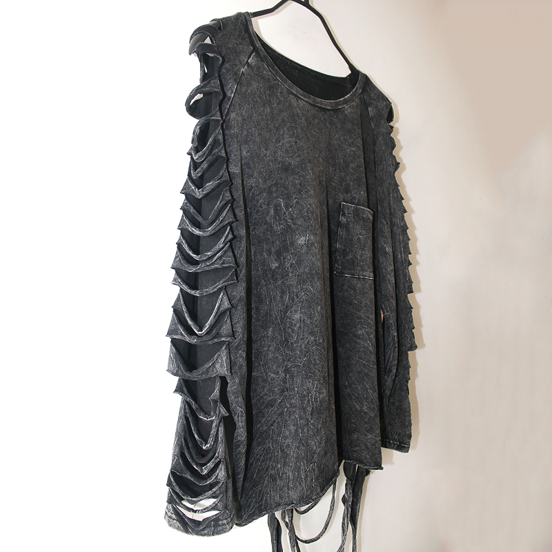 Gothic women's long sleeve t-shirt in black featuring unique torn sleeves and a relaxed fit for a trendy look.