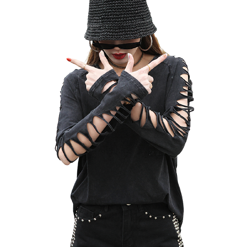 Gothic women's long sleeve black t-shirt with unique torn sleeves and relaxed fit style, perfect for edgy fashion.